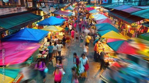 Busy Night Market in Southeast Asia With Colorful Stalls and Crowds