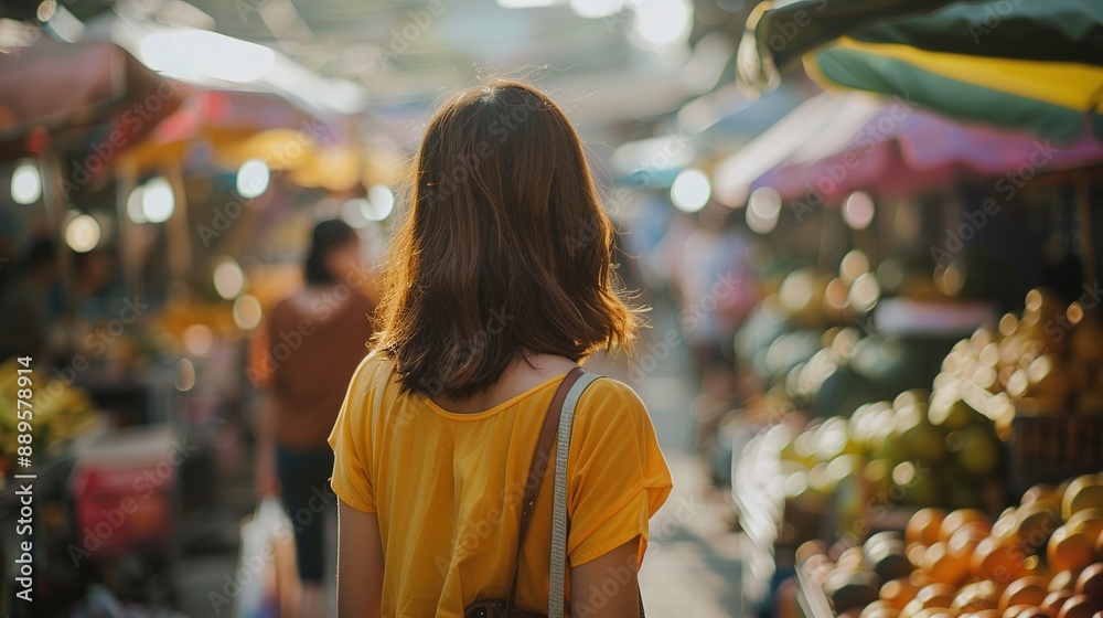 Woman Walking Through a Busy Asian Market at Sunset Woman Walking Through a Busy Asian Market at Sunset