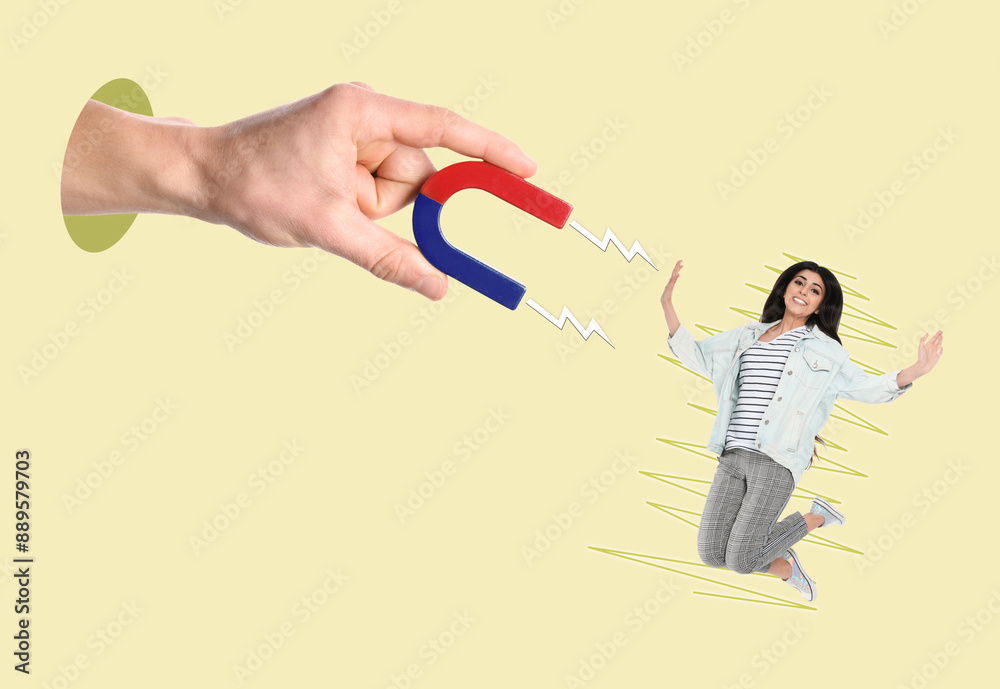 Man attracting woman with magnet on beige background. Creative collage Man attracting woman with magnet on beige background. Creative collage