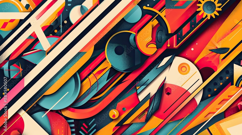 A dynamic geometric pattern with bold, colorful shapes and lines. A dynamic geometric pattern with bold, colorful shapes and lines.