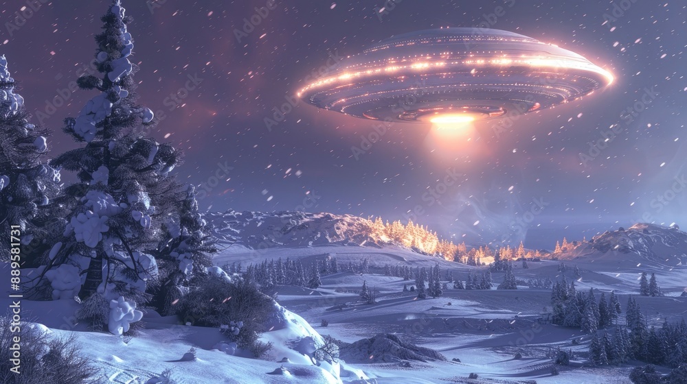 A UFO flying over a snow-covered landscape, its lights reflecting off the pristine white snow and creating a surreal and otherworldly scene. A UFO flying over a snow-covered landscape, its lights reflecting off the pristine white snow and creating a surreal and otherworldly scene.