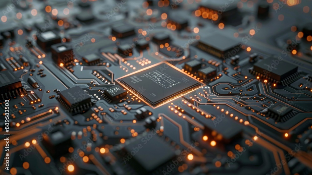 Macro shot of a digital microchip with intricate and complex circuits. Macro shot of a digital microchip with intricate and complex circuits.