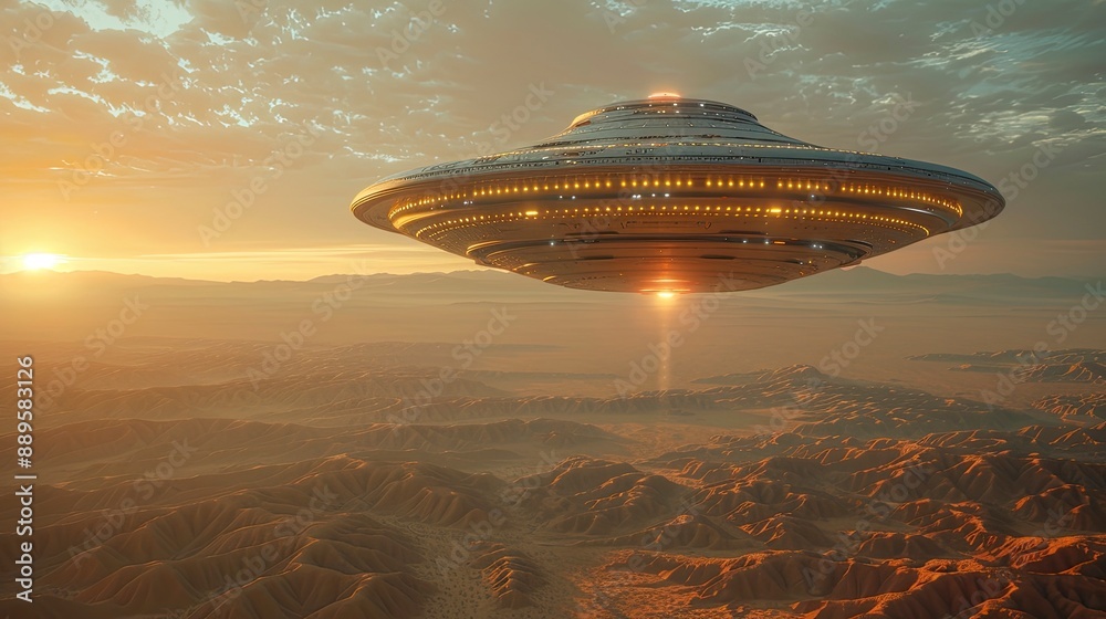 An alien spacecraft hovering above a desert landscape, its lights creating long shadows and adding to the sense of isolation and mystery. An alien spacecraft hovering above a desert landscape, its lights creating long shadows and adding to the sense of isolation and mystery.