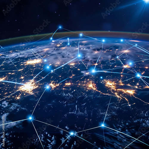 "Global Connectivity Illuminated: Earth at Night with Digital Networks Aglow"