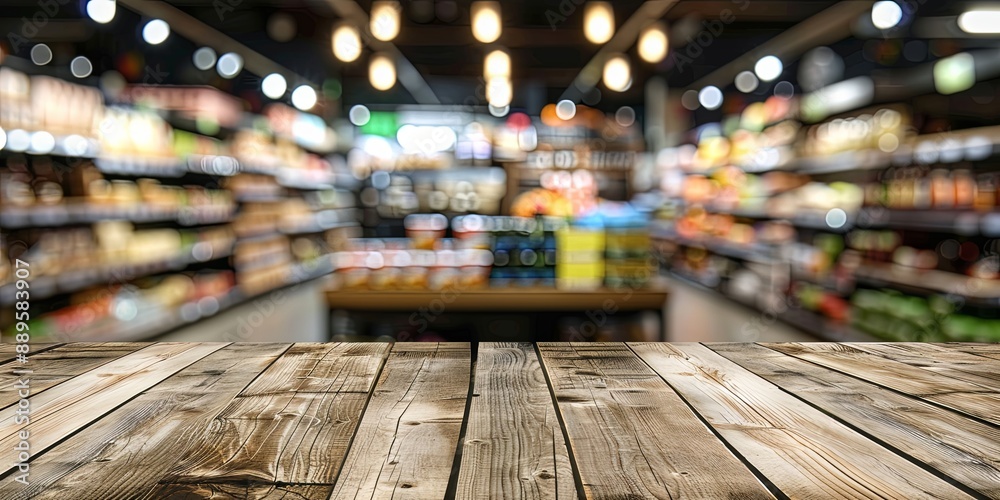 Wooden Tabletop Against Blurred Supermarket Interior Wooden Tabletop Against Blurred Supermarket Interior