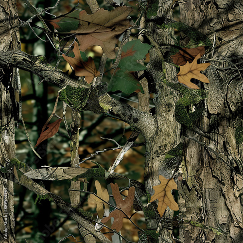 Mossy Oak Tree Branches and Leaves, Seamless Camo Texture Pattern