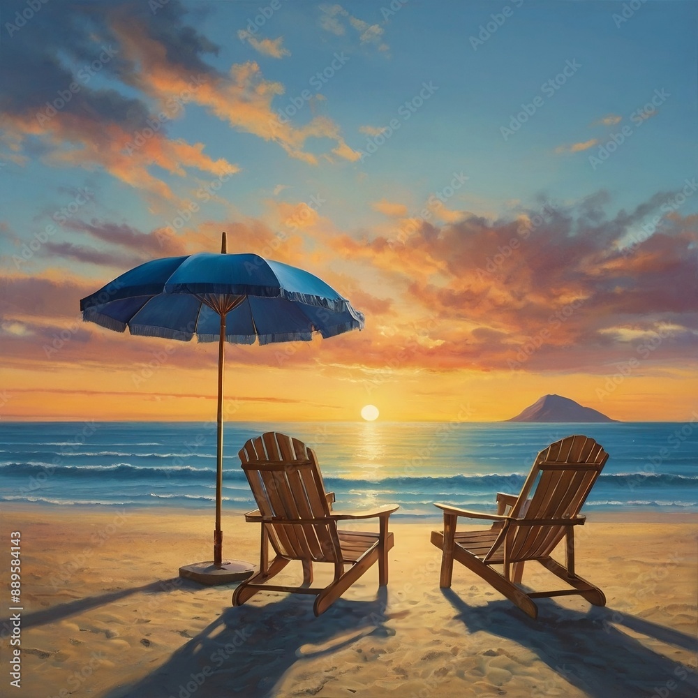 The image depicts a serene beach scene with two chairs facing the ocean, under a large umbrella, at sunset. The image depicts a serene beach scene with two chairs facing the ocean, under a large umbrella, at sunset.