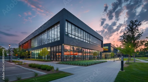 Modern Office Building With Large Windows And A Walkway At Dusk