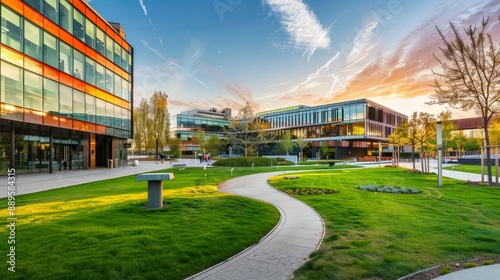 Modern Office Buildings With Green Landscaping and Winding Path at Sunset