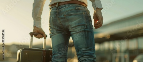 A man in jeans and a white shirt stands with his hand on a suitcase, holding it at an angle to one side, close-up of a pants leg, airport background Generative AI