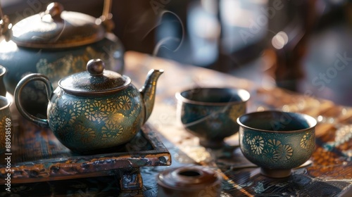 Close-up of a traditional Japanese tea set.