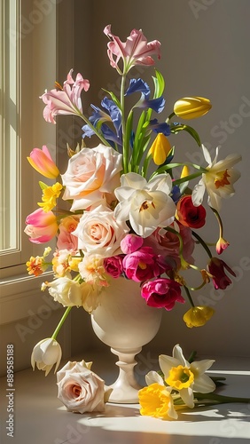 Bunch of beautiful flowers in a vase pions photo