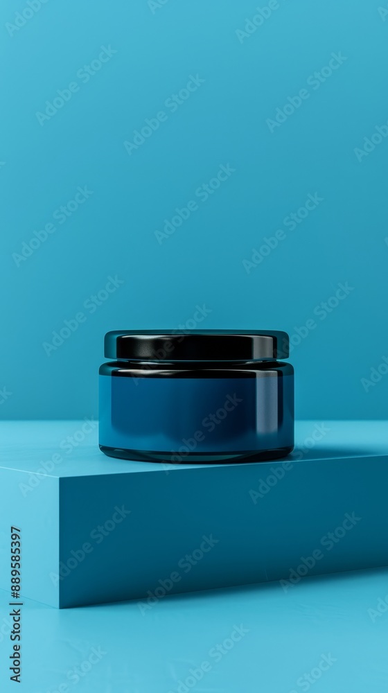 A jar of blue liquid is sitting on a blue surface A jar of blue liquid is sitting on a blue surface