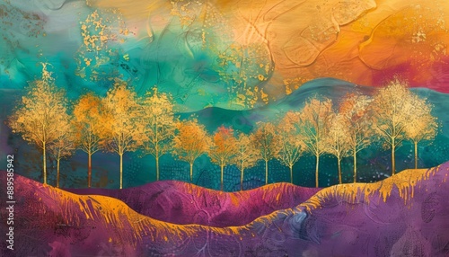 Ultra sharp oil painting landscape with abstract colorful gold trees, capturing essence