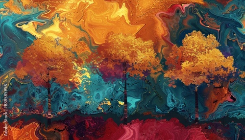Ultra sharp oil painting landscape with abstract colorful gold trees, capturing essence