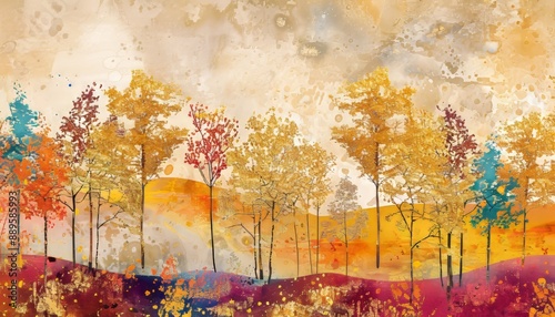 Ultra sharp oil painting landscape with abstract colorful gold trees, capturing essence
