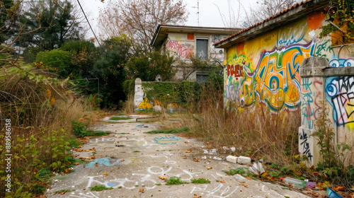 Poor city outskirts with abandoned houses, graffiti and litter