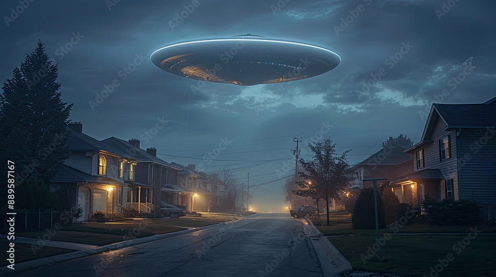 A UFO hovering above a quiet suburban neighborhood at night, its lights casting an eerie glow on the houses and creating a sense of mystery and awe. A UFO hovering above a quiet suburban neighborhood at night, its lights casting an eerie glow on the houses and creating a sense of mystery and awe.