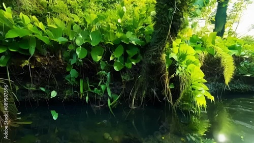 Thick vines and waterloving plants hang over the waters edge adding to the rich biodiversity of the area. photo