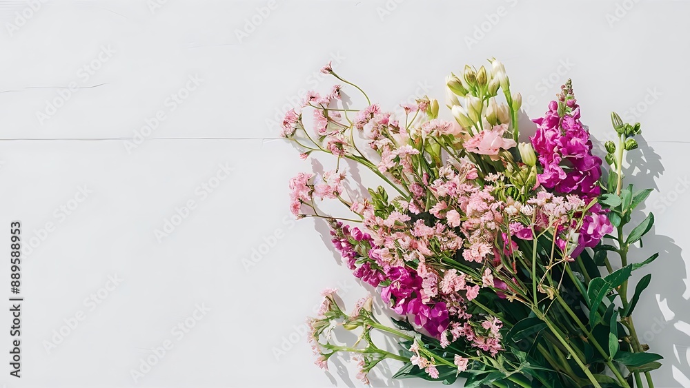 Top view summer composition of bouquet and little pink flowers over it simple flat lay floral arrangement on white background Top view summer composition of bouquet and little pink flowers over it simple flat lay floral arrangement on white background
