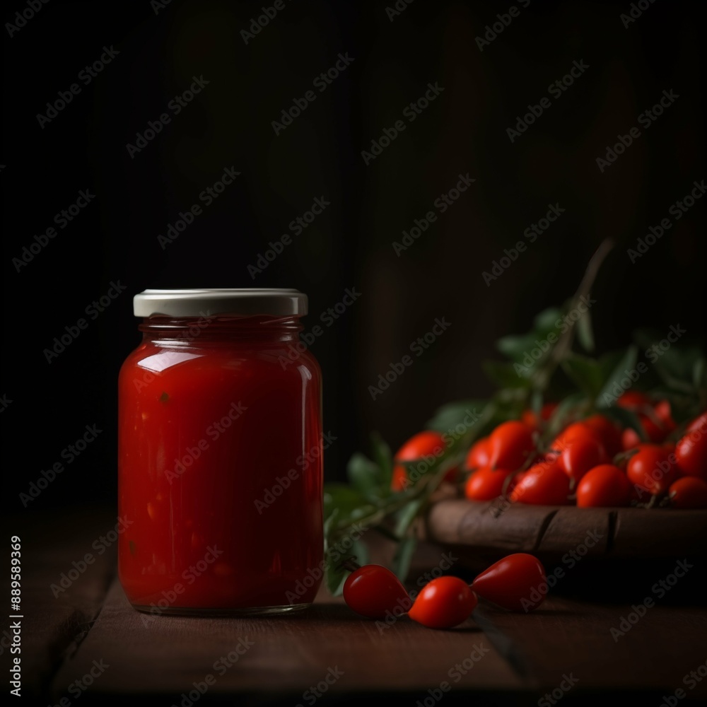 A close-up of a glass jar filled with rosehip jam, placed on a rustic wooden table. The scene is enhanced with branches and fresh rosehips, creating a natural and cozy atmosphere.
A close-up of a glass jar filled with rosehip jam, placed on a rustic wooden table. The scene is enhanced with branches and fresh rosehips, creating a natural and cozy atmosphere.