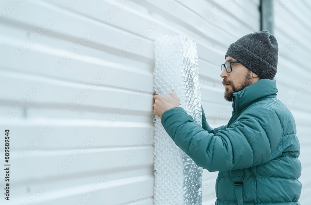 Man in winter gear installing insulation bubble wrap on a white exterior wall, ensuring building energy efficiency. Man in winter gear installing insulation bubble wrap on a white exterior wall, ensuring building energy efficiency.