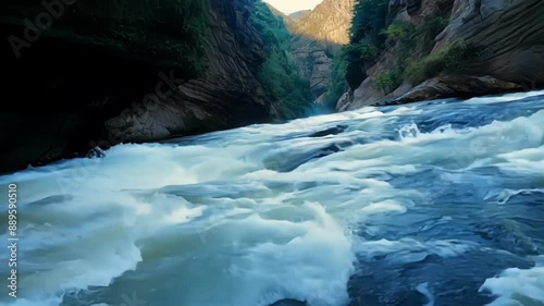 Shots of the powerful currents sweeping through narrow gorges showcase the adrenalinepumping intensity of navigating through raging river rapids. photo