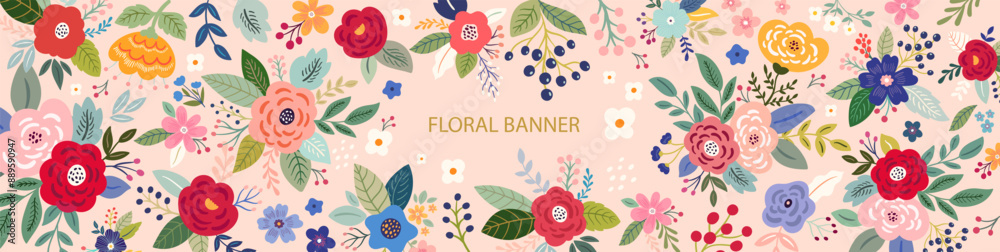 Fototapeta premium Beautiful romantic flower banner with roses, leaves, floral bouquets, flower compositions. 
