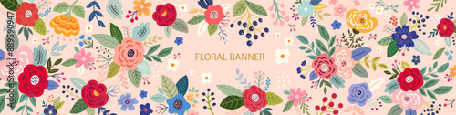 Beautiful romantic flower banner with roses, leaves, floral bouquets, flower compositions.	