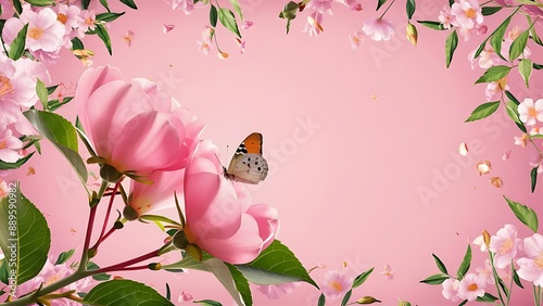 Beautiful pink background with flowers and green leaves natural background beautiful