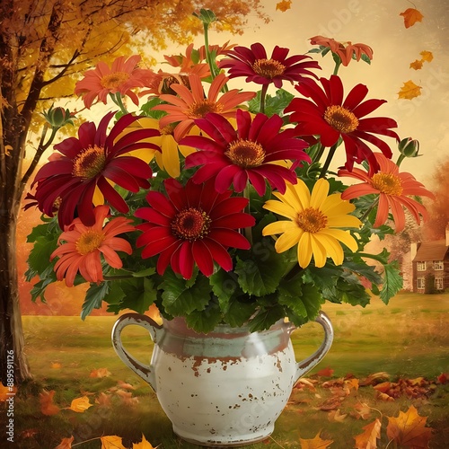 Autumn bouquet of bright flowers helenium autumnale in a vintage pot concept for autumn background photo