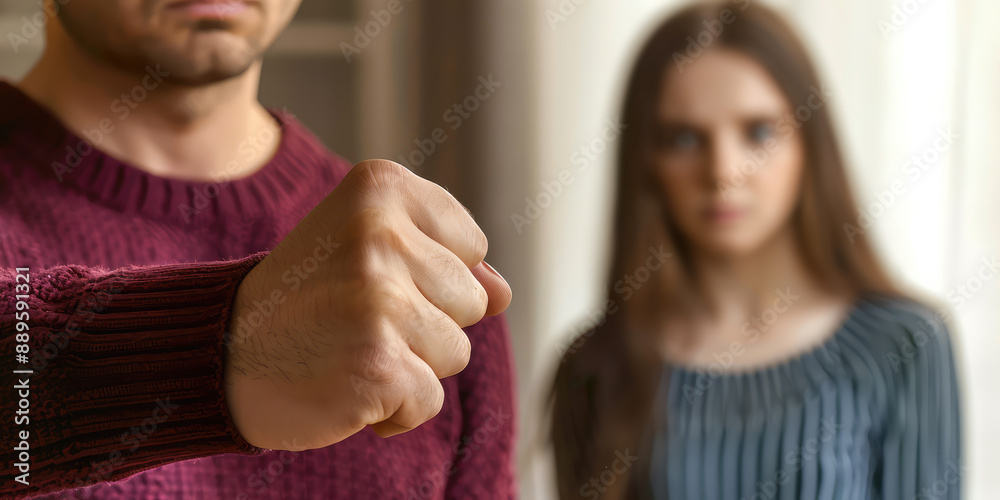 Closeup of clenched fist of aggressive man with sad frightened young woman in background. Domestic violence
