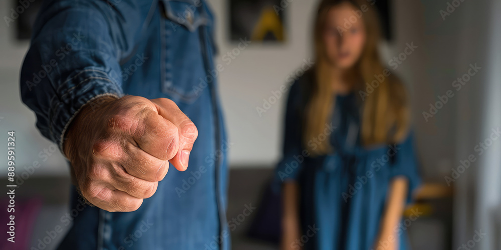Closeup of clenched fist of aggressive man with sad frightened young woman in background. Domestic violence Closeup of clenched fist of aggressive man with sad frightened young woman in background. Domestic violence