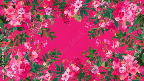 Beautiful pink background with flowers and green leaves natural background beautiful