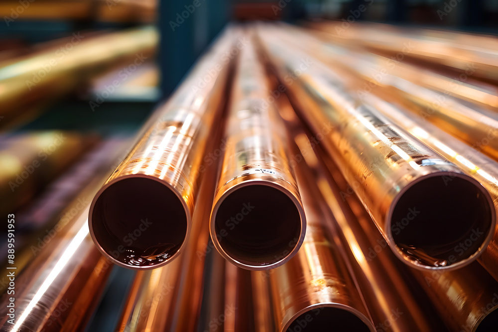 Naklejka premium Close up of copper pipes in warehouse.
