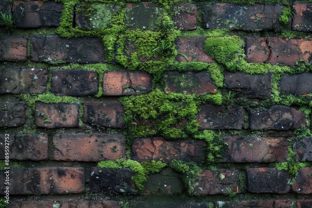 A Close-Up View of a Brick Wall Covered in Moss, Showing the Texture and Detail of the Bricks and the Lush Greenery. A Close-Up View of a Brick Wall Covered in Moss, Showing the Texture and Detail of the Bricks and the Lush Greenery.