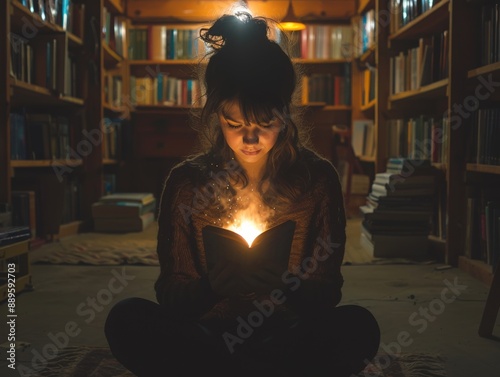 Woman reading a magical glowing book in a dimly lit library