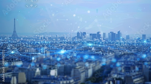Paris Skyline with Abstract Blue Network