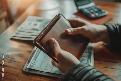 Close Up of Hands Holding a Brown Wallet with Cash in the Background photo