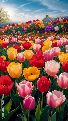 Floral spring time landscape with mixed color tulips
