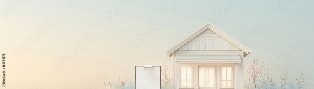 Modern smartphone in front of a charming white house with a clear blue sky, symbolizing integration of technology and home comfort. Modern smartphone in front of a charming white house with a clear blue sky, symbolizing integration of technology and home comfort.