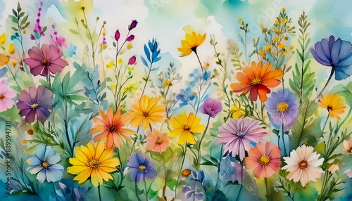 Watercolor floral texture, wildflowers in the field, wildflowers background