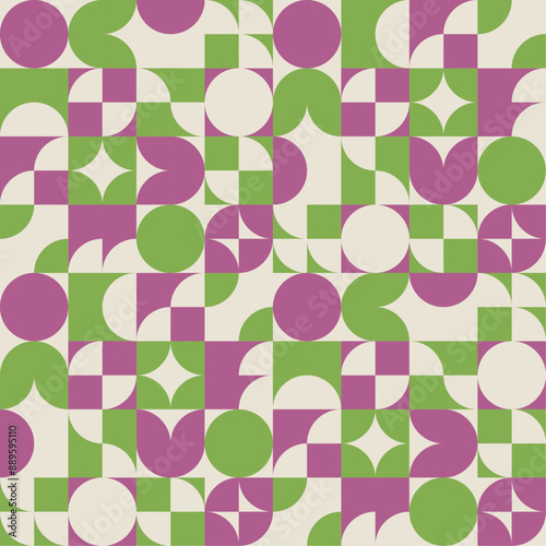 Abstract geometric background with shapes. Seamless vector pattern. Purple, green and beige color