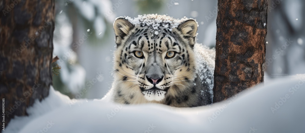 Fototapeta premium Snow Leopard in a Snowy Forest