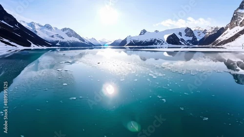 Sunlight glimmering on the crystal clear waters of a highaltitude lake formed from the snowmelt of the alpine spring.