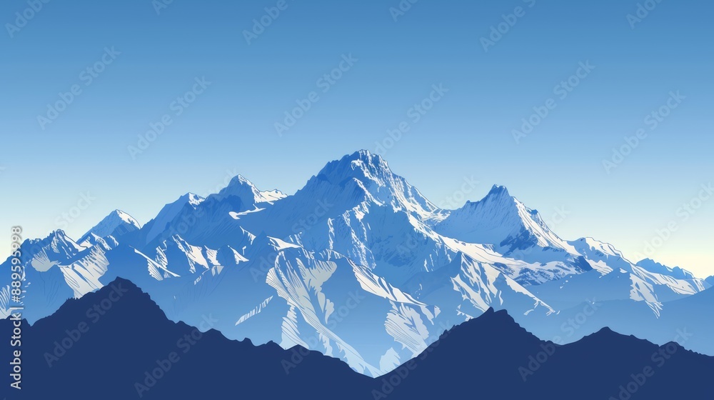Majestic Snowy Mountain Peaks Rising Above the Horizon with a Clear Blue Sky Majestic Snowy Mountain Peaks Rising Above the Horizon with a Clear Blue Sky