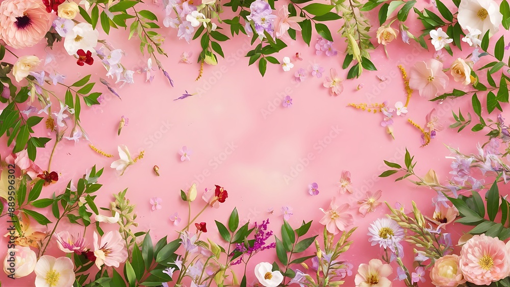 Beautiful pink background with flowers and green leaves natural background beautiful Beautiful pink background with flowers and green leaves natural background beautiful