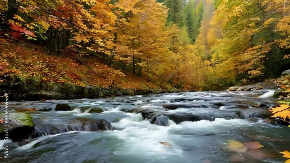The sound of rushing water mingling with the rustling of the colorful leaves along a mountain creek. The sound of rushing water mingling with the rustling of the colorful leaves along a mountain creek.