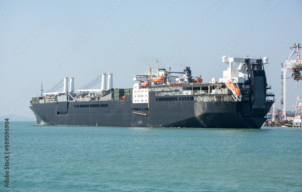Fototapeta premium naval ship, battle ship, warship, Military ship resilient and armed with weapon systems, though armament on troop transports. support navy ship. Military sea transport. at the port