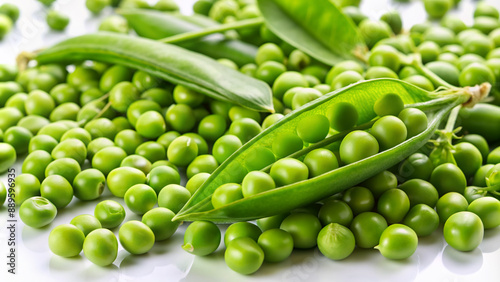 Fresh green pea pods bursting with tender peas scattered randomly on a pristine white background, showcasing vibrant natural colors and delicate textures.